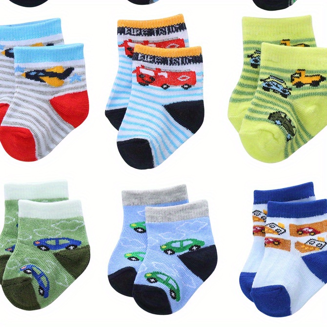 12 Pairs of Boys' Letter Print Ankle Socks, Random Mixed Colors Cute Cartoon Stripes and Dots Baby Socks