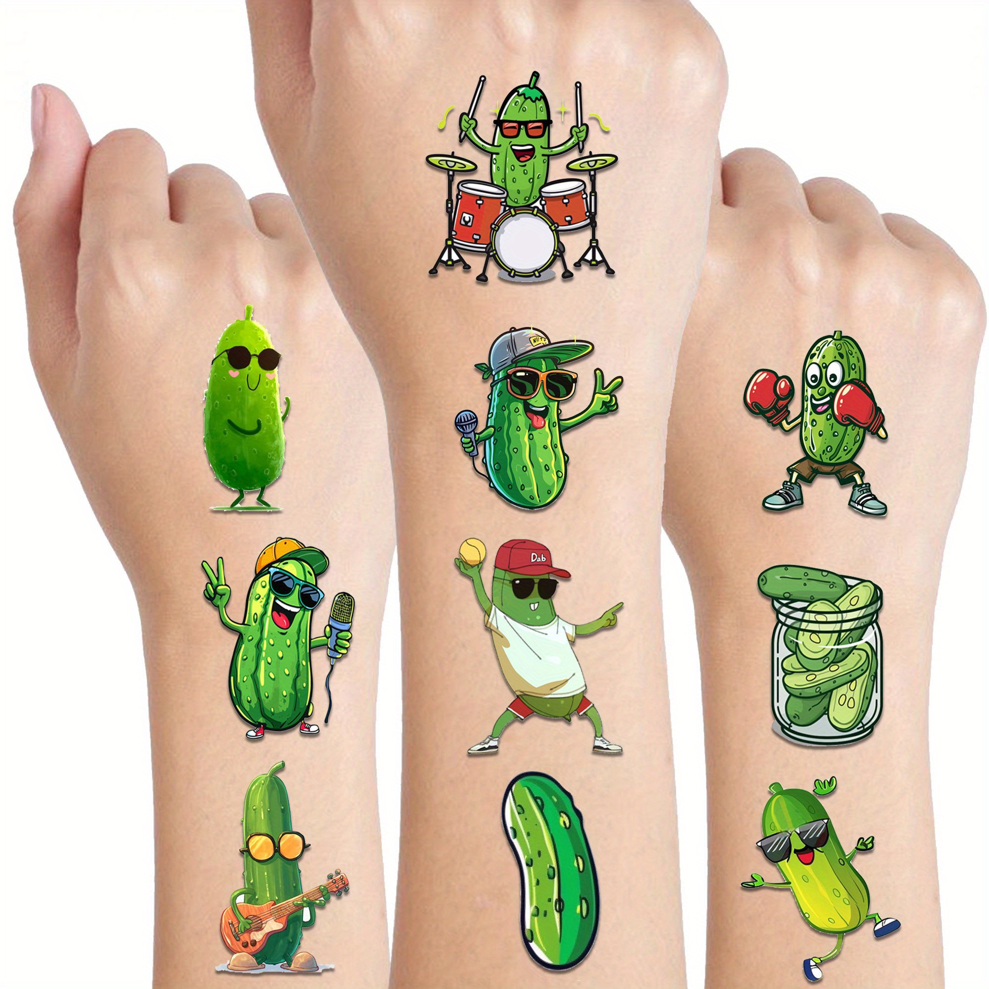 TEMU Funny Pickle & Cucumber Temporary Tattoos - Birthday Parties, Halloween Cosplay & Body Art Decorations, Party Supplies, Fruits, Makeup