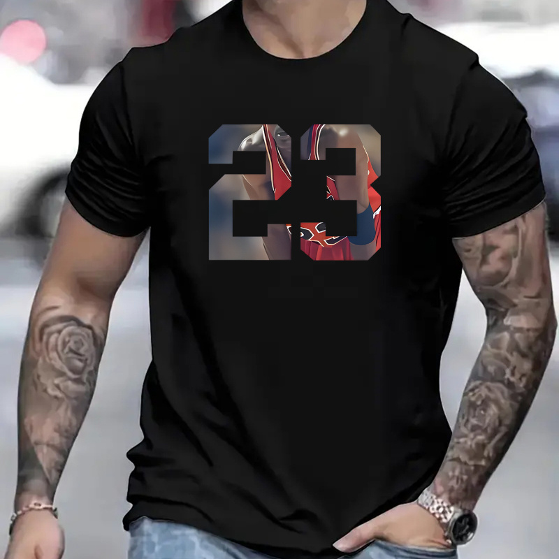 

1pc Number 23 Printed Men's Short-sleeved Round Neck T-shirt, Comfortable And Breathable Casual Elastic Top, Men's Wear