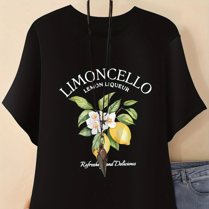 

Women's Casual Polyester T-shirt With Lemoncello Letter Print, Short Sleeve Crew Neck, Knit Fabric Top, Regular Length - 180g/m²