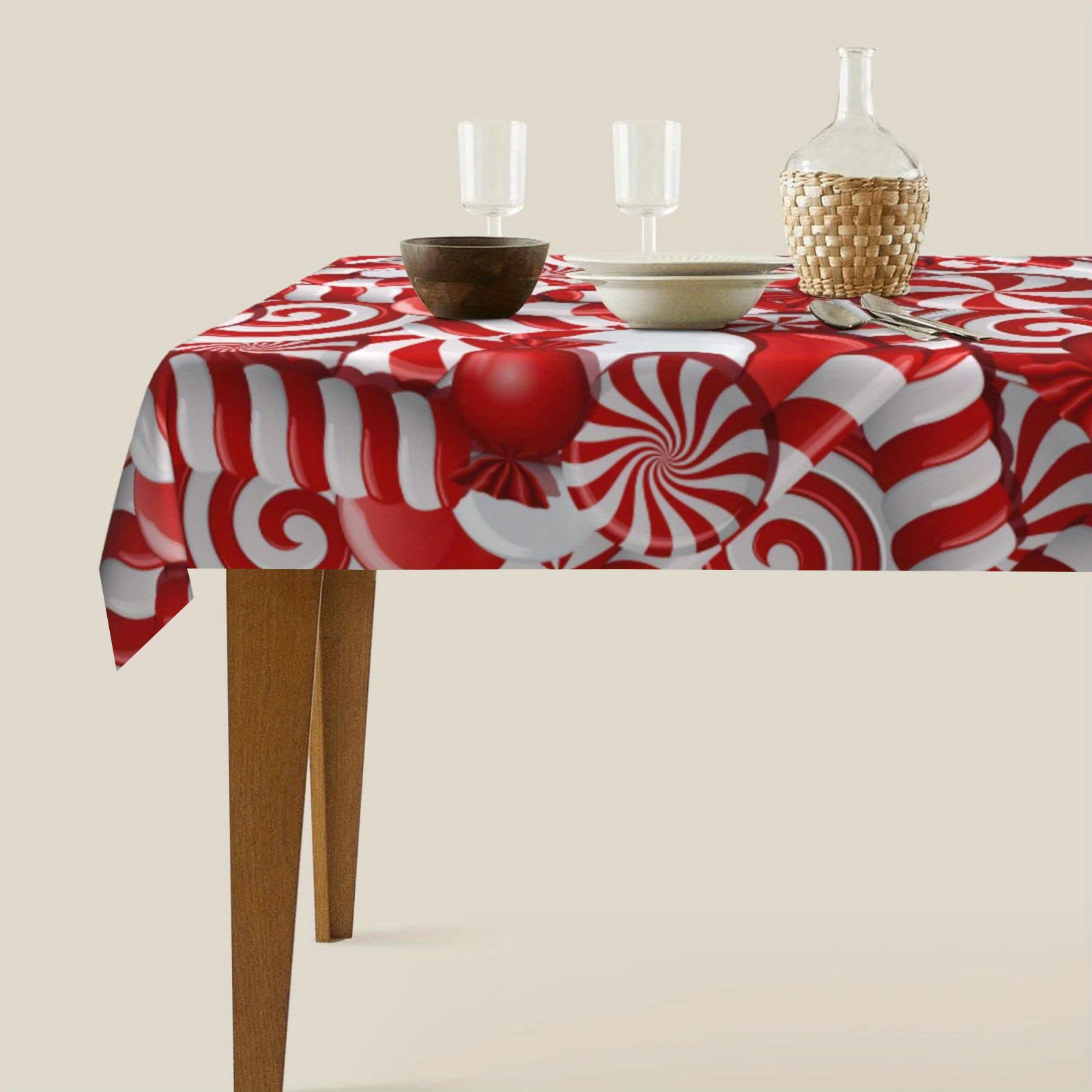 

Christmas Candy Swirl Polyester Tablecloth - Machine Made, Washable Rectangular Table Cover For Dining, Kitchen, Picnic, And Holiday Parties - General Fit Decoration