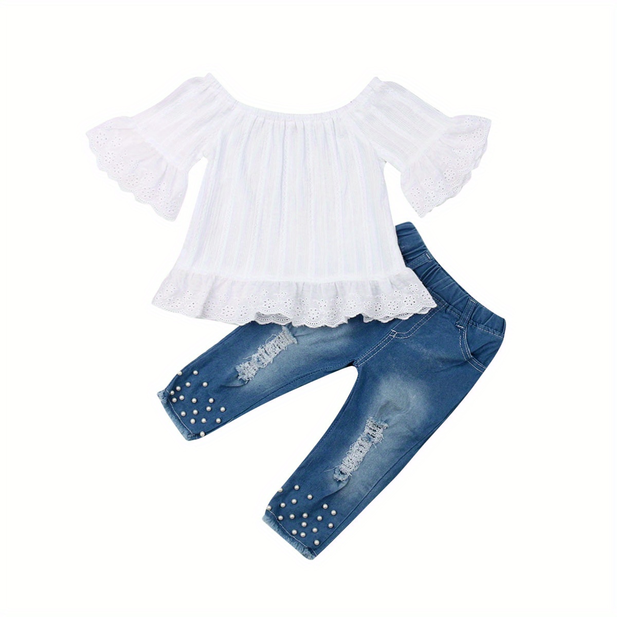 

1-6 T Kids Baby Girl Summer Clothes Set Off Shoulder Tops And Beading Denim Pants 2 Pieces Outfits