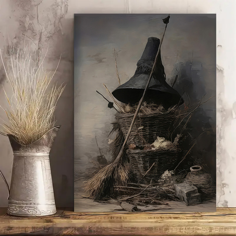 

1pc Framed Vintage Halloween Wall Art Witch Hat Halloween Canvas Art Print Antique Neutral Witchy Spell Book Oil Painting Dark Academia Decor Spooky Season Poster Halloween Prints For Home Decor
