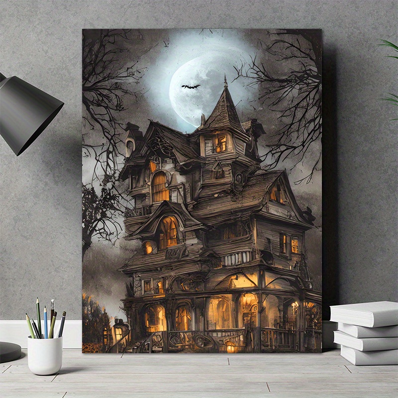 

1pc Framed Mysterious Canvas Poster Halloween Wall Art Halloween Castle With Bats And Full Moon Poster Dark Academia Decor Spooky Season Poster Halloween Prints For Home Decor