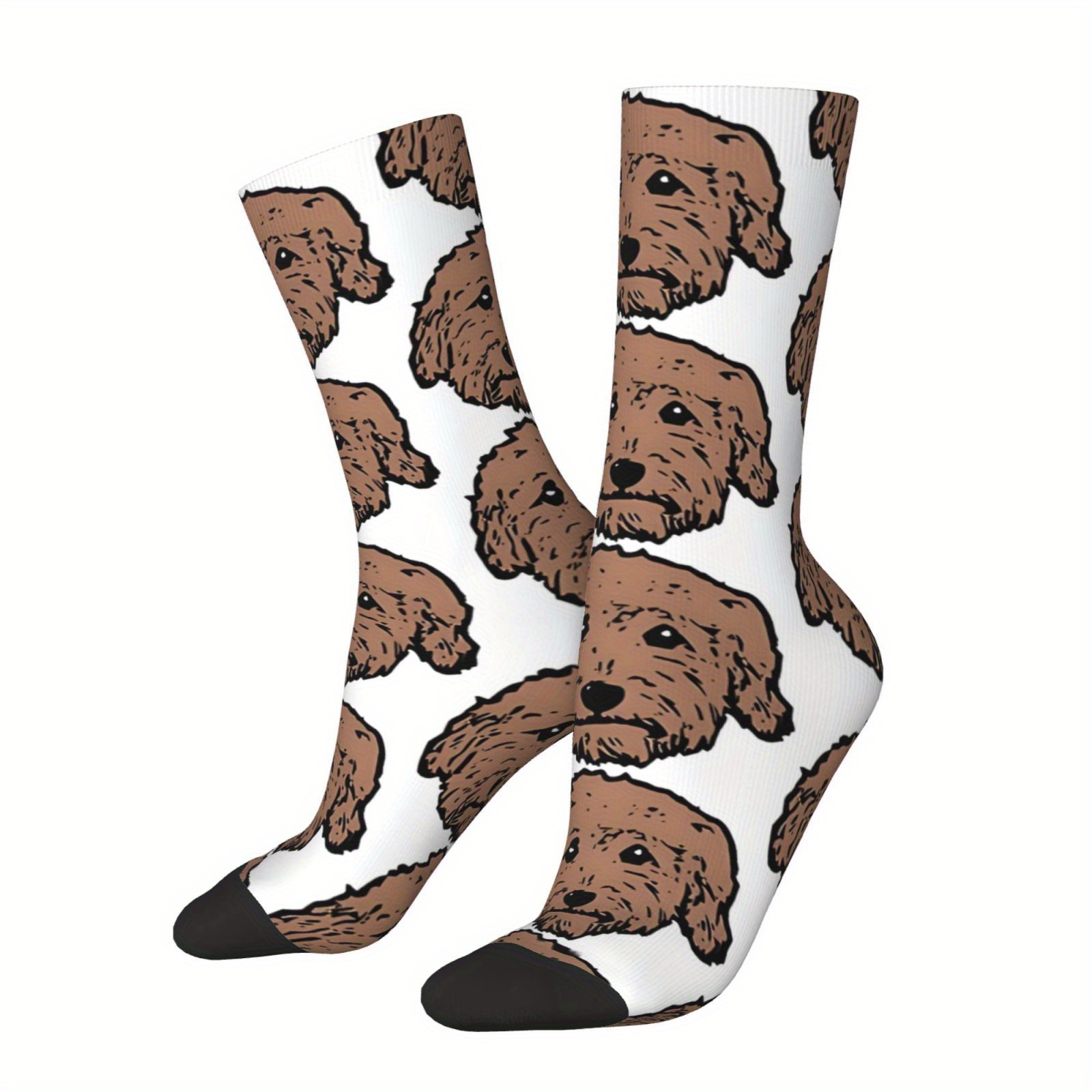 

Funny Doodle Dog Socks, Novelty Crew Socks With Goldendoodle & Prints, Breathable Polyester For Sports & Casual Wear