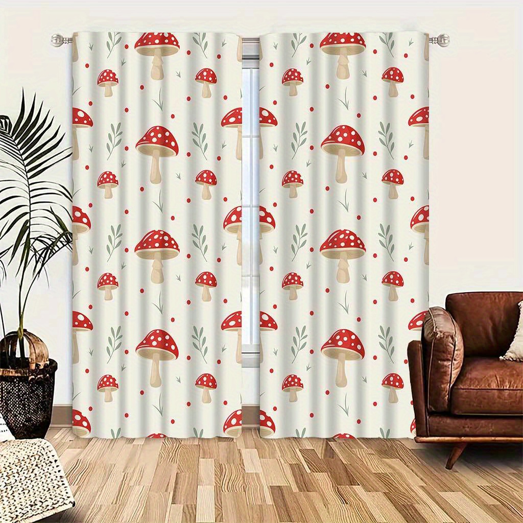 

Charming Vintage-style Mushroom Print Curtains For Living Room & Bedroom - Easy Care, Durable Polyester, Rod Pocket Design