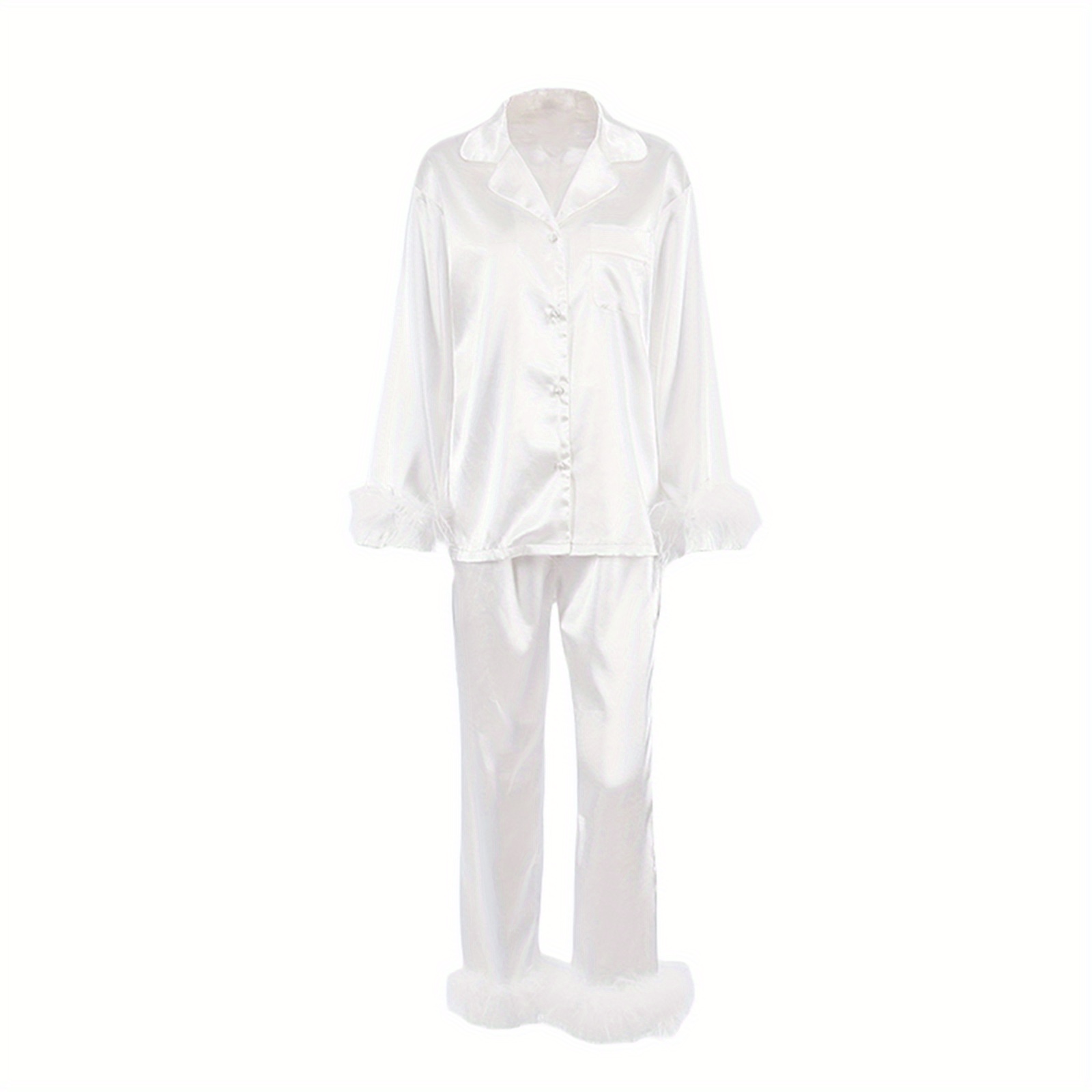 

Women's Sleepwear, Feather Decoration Long Sleeve Button-down Lapel Collar Tops + Pants Pajamas Set