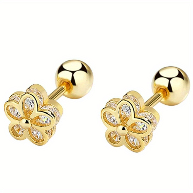 TEMU 925 Sterling Silver 18k Gold Plated Cubic Zirconia Screw Back Cute Flower Stud Earrings For Women And Girl