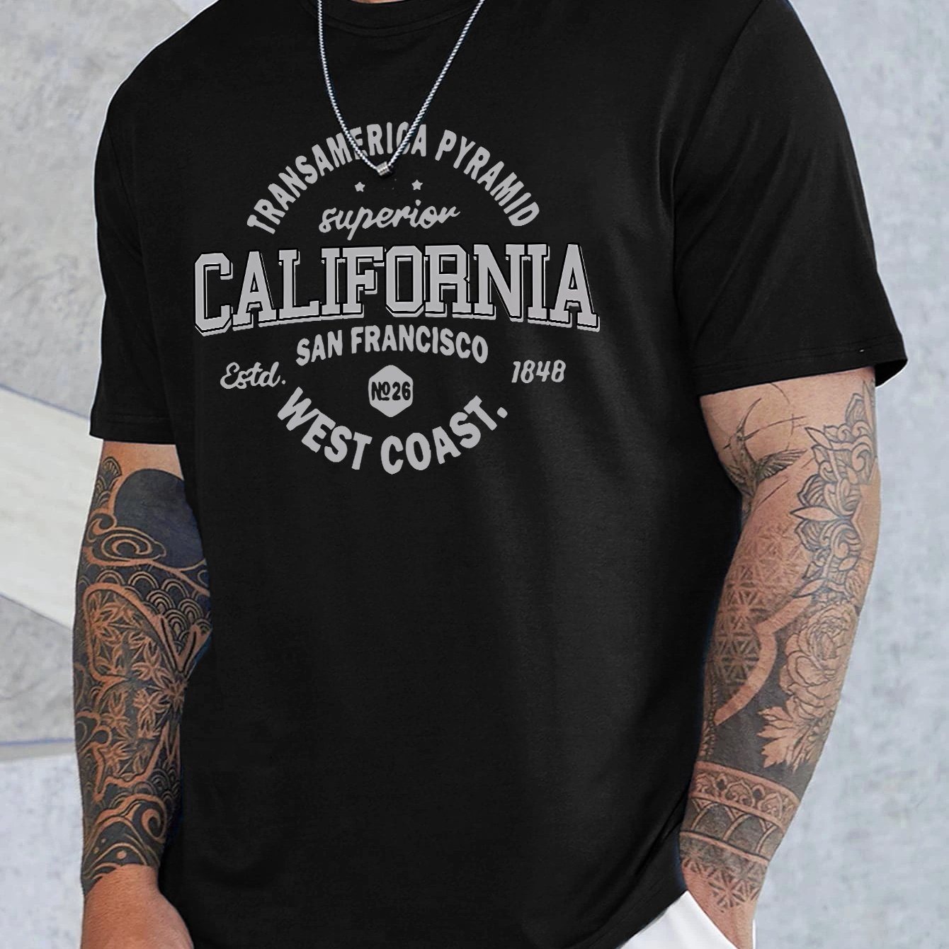 

California Print Men's Crew Neck Short Sleeve Plus Size T-shirt, Comfortable Versatile Tee For Summer Daily Wear