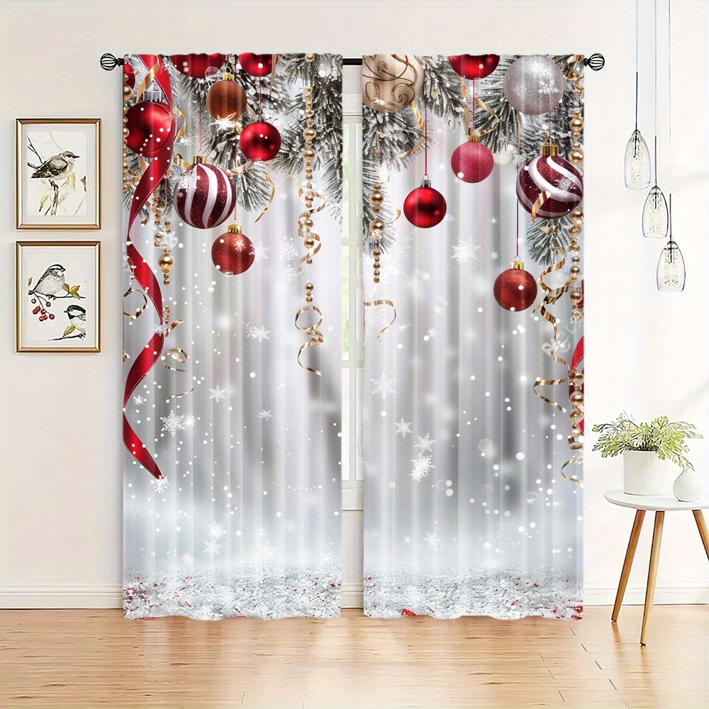 

2pcs Set Christmas Curtains With & - Rod Pocket, Semi-sheer Polyester Drapes For Living Room, Bedroom, Kitchen - Farmhouse Home Decor Curtains For Living Room