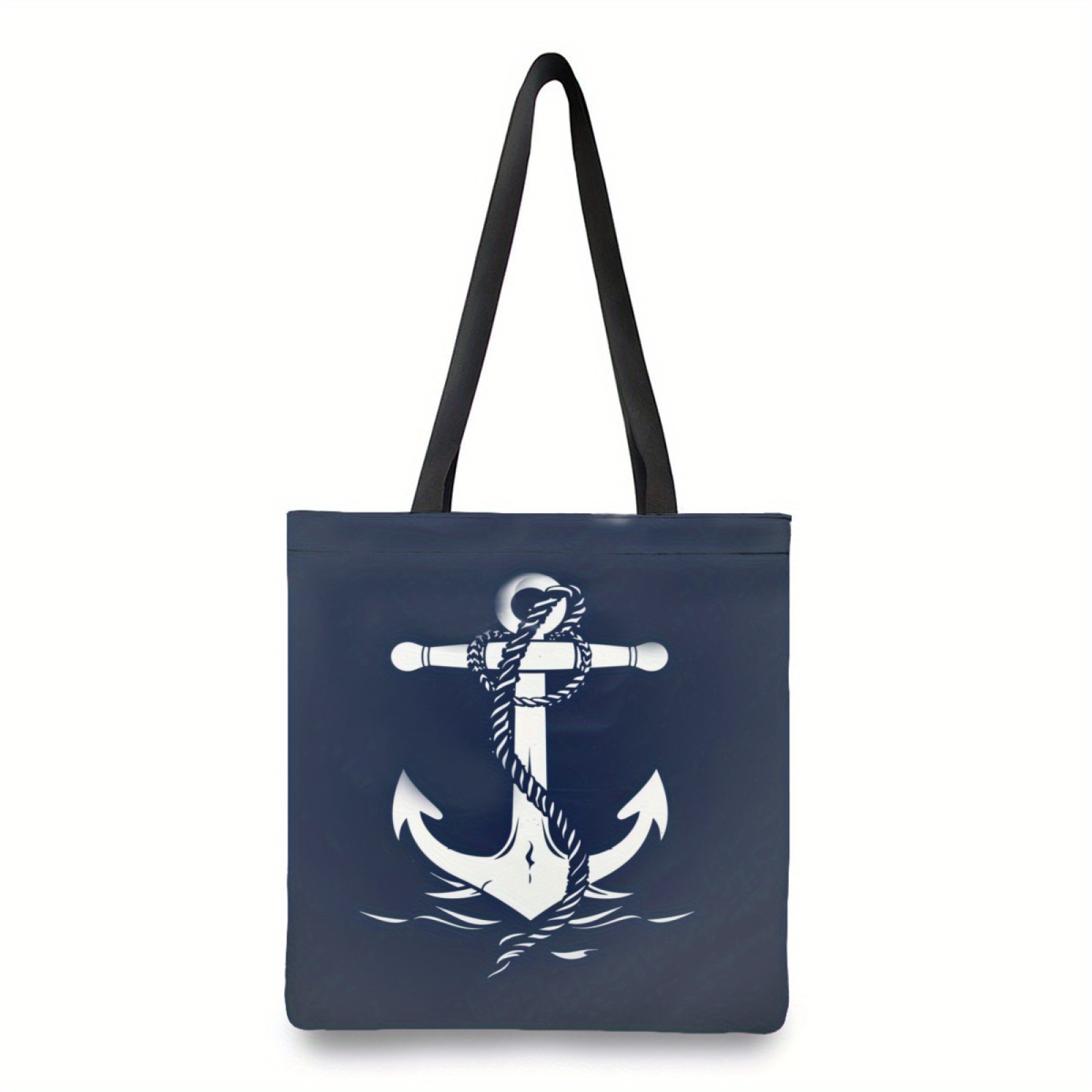 

1pc Polyester Nautical Anchor Print Tote Bag With Inner Pocket, Zip Top Reusable Shopping Bag, Casual Shoulder Beach Tote, Women's Travel Handbag For Birthday Gifts