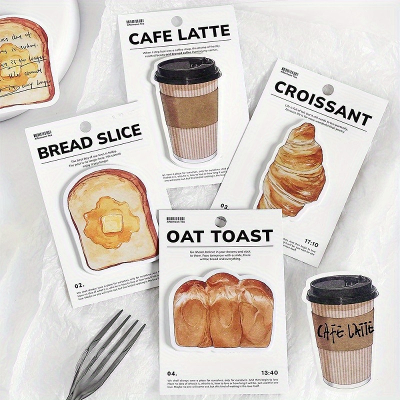 

Themed Self-adhesive Sticky Note Set - 4 Designs Including Croissant, , Bread , Oat Toast - Creative Shaped Memo Pads For Journaling, Scrapbooking, Reminders - Pack Of 4