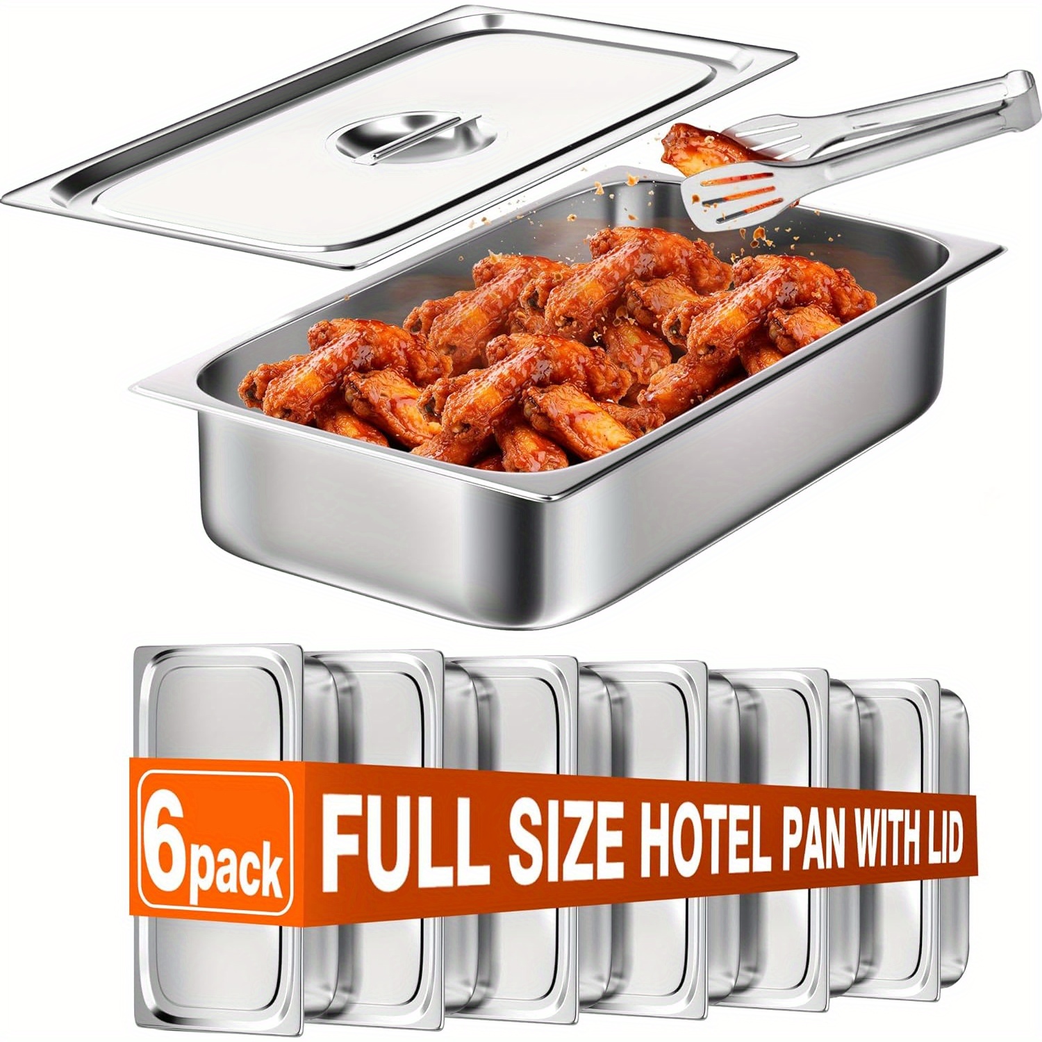 

Full Size Hotel Pans With , 6 Pack 4 Inch Deep Commercial Table Pans 1/1 Size With , Stainless Steel Pan Anti Jam Food Pan For Party, Restaurant, Hotel