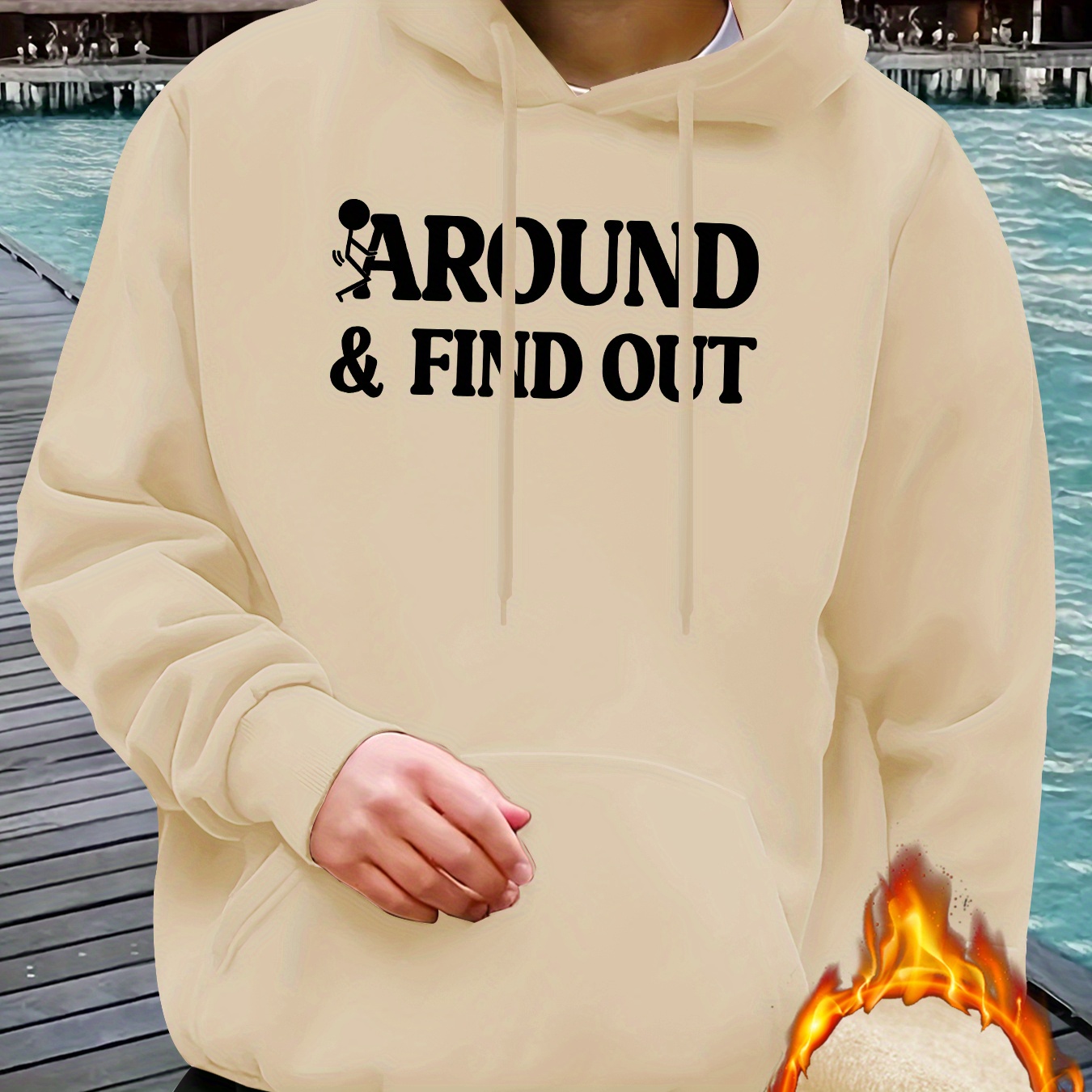 

Around & Print Long Sleeve Hooded Sweatshirt Pocket Drawstring Thermal Clothes For Autumn And Winter