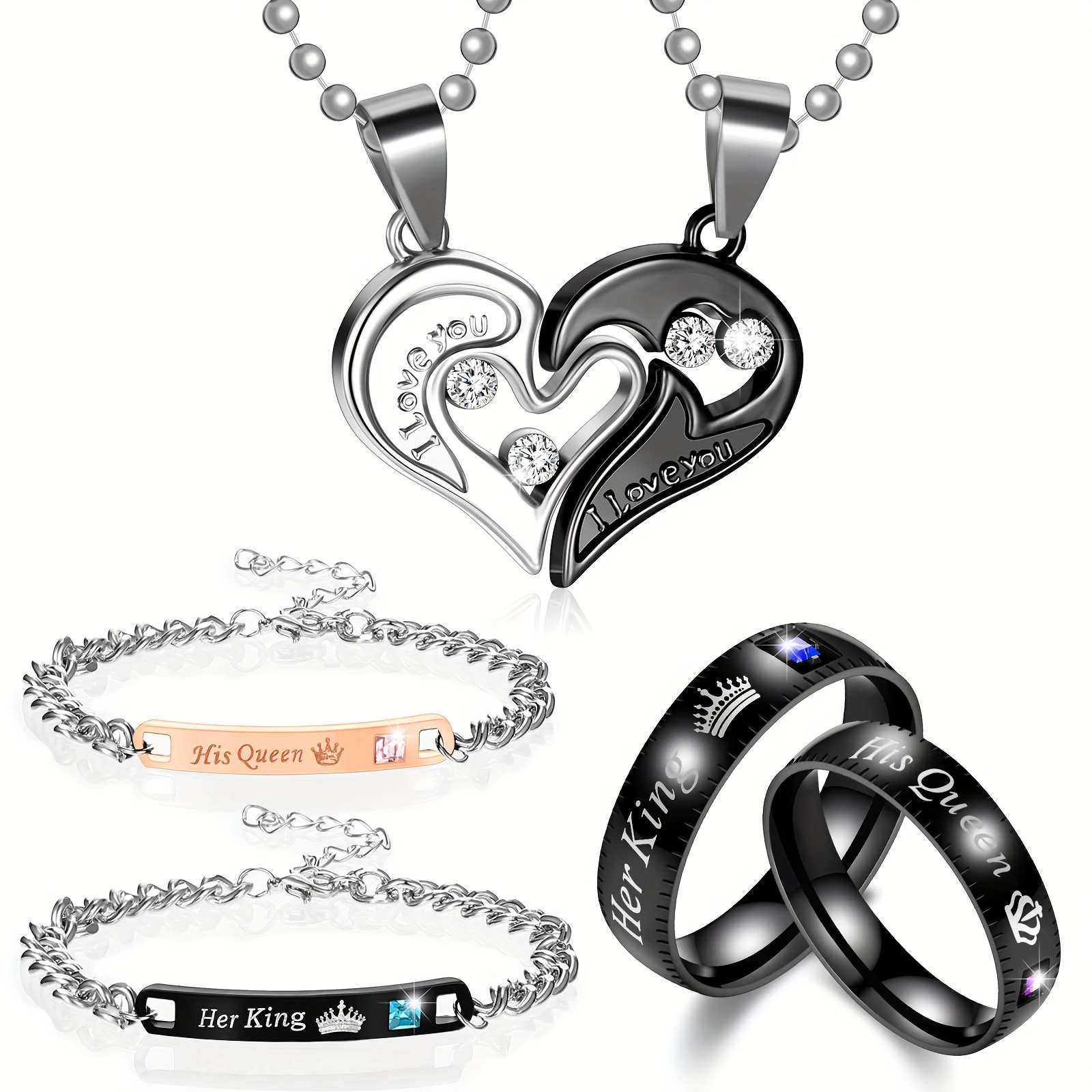 

6 Pcs Couples Necklace Bracelet And Ring Set, Includes Necklaces For Him And Heart Pendant