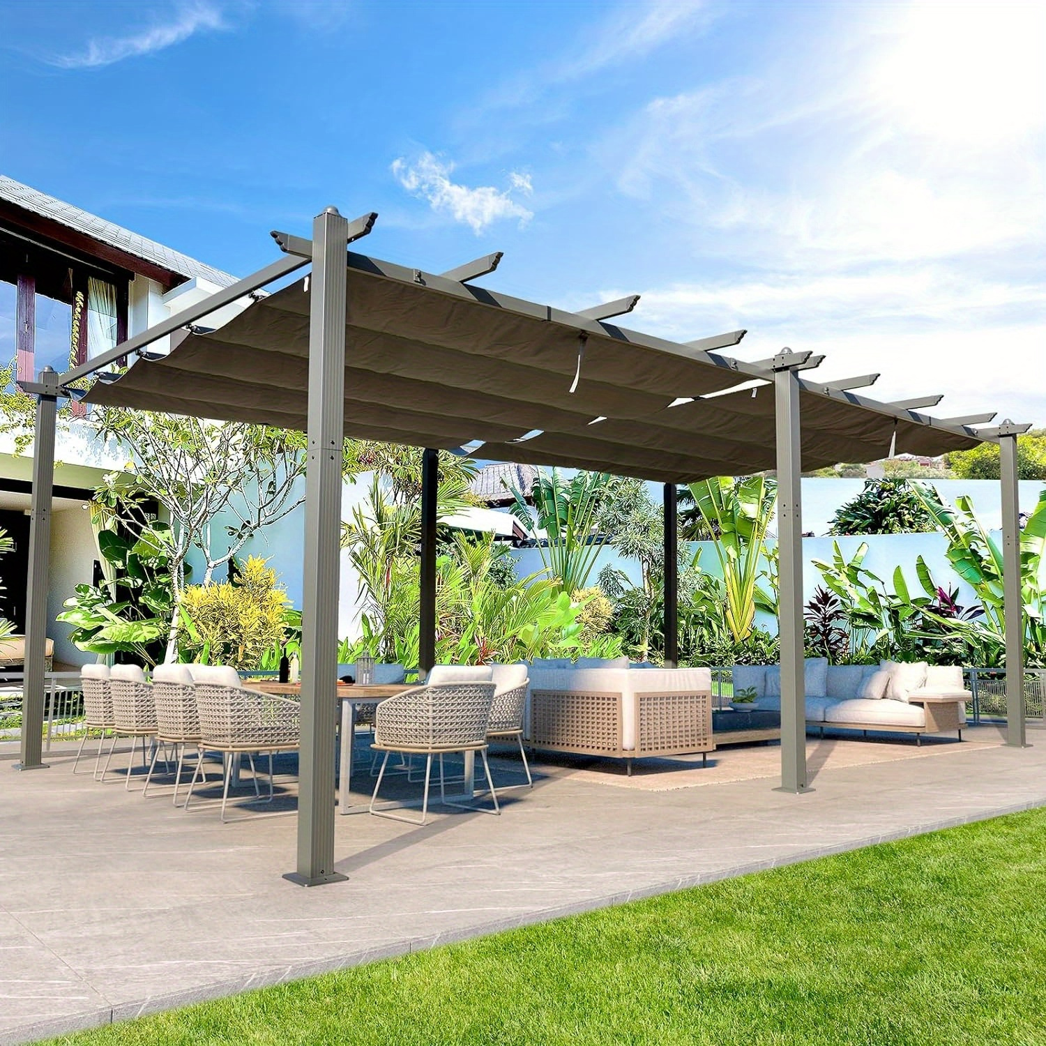 10 ft x 13 ft Patio Retractable Pergola Outdoor Sun Shade Canopy Aluminum Blue
