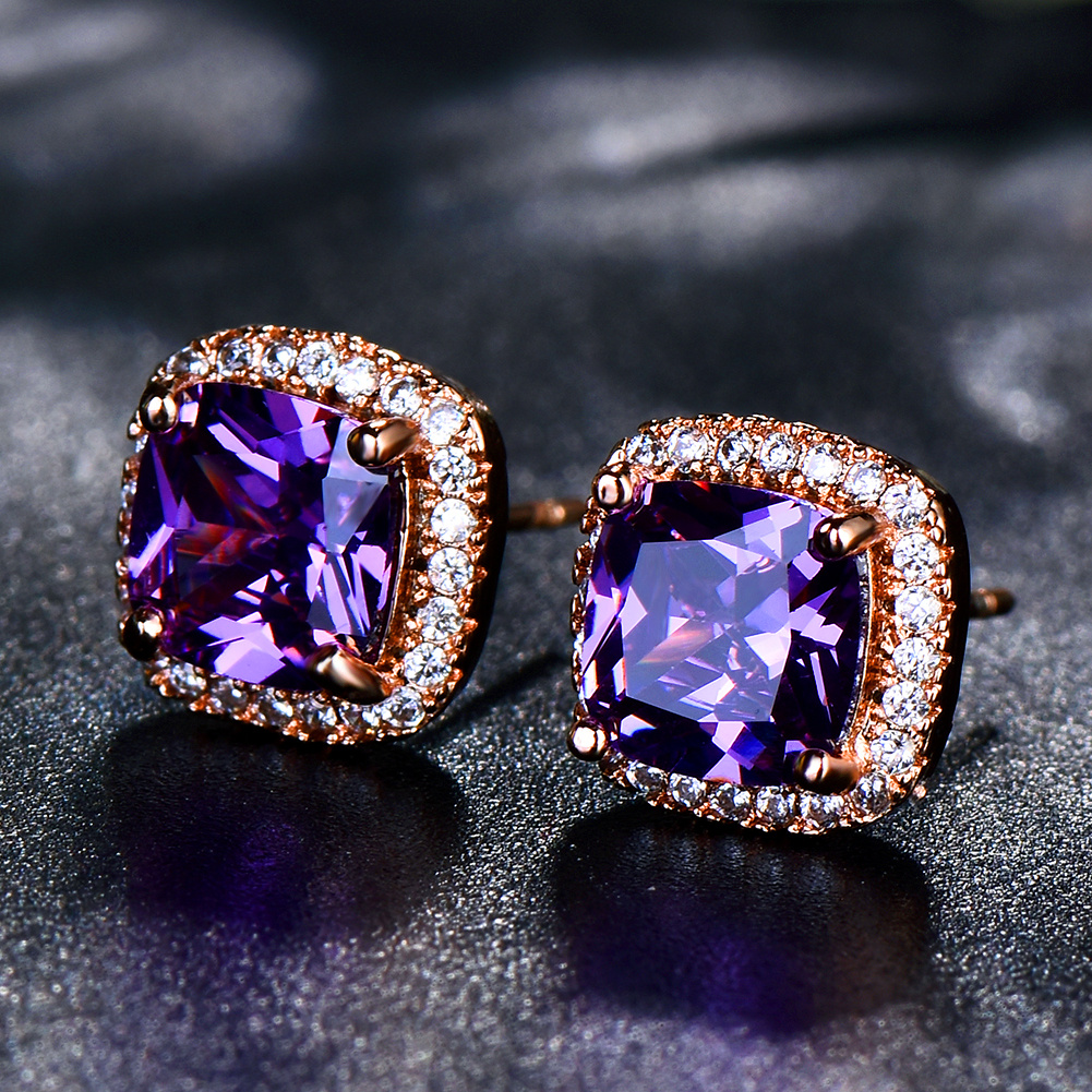 

Boucles d'oreille en pierre carrée Rose Or - de mariage en de princesse - pour la Saint-Valentin ou n'importe jour - Poteau d'oreille en cuivre