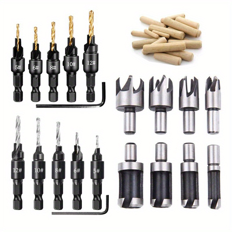 

Carbide Wood Plug Cutter Set - 14pcs Boring Drill Bit Tools For Straight & Tapered Woodworking - Precision Cork Drill Bits Kit - 1/4" 3/8" 1/2" 5/8" Sizes Included