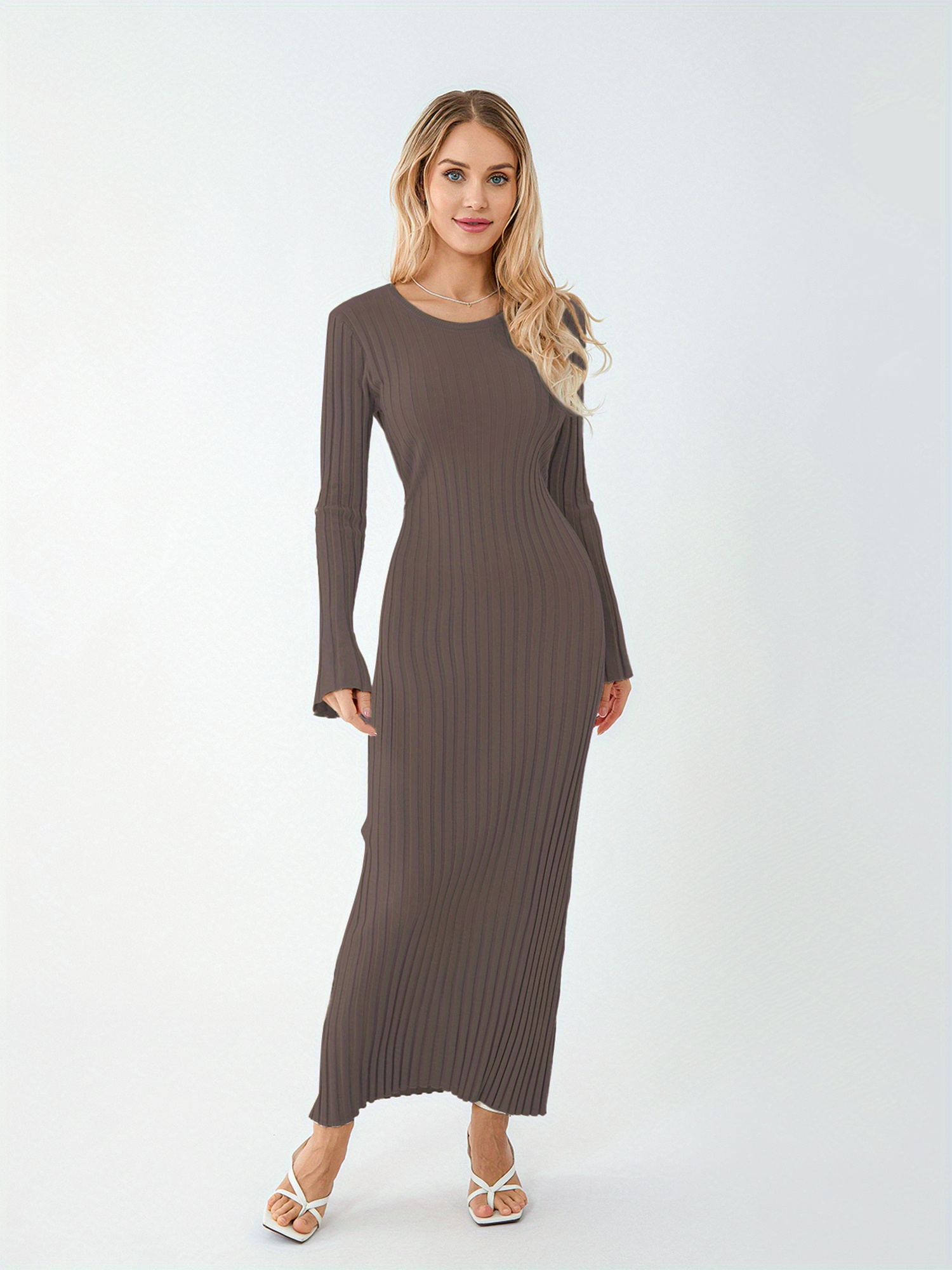 elegant ribbed knit midi dress women long sleeve crew neck - Temu