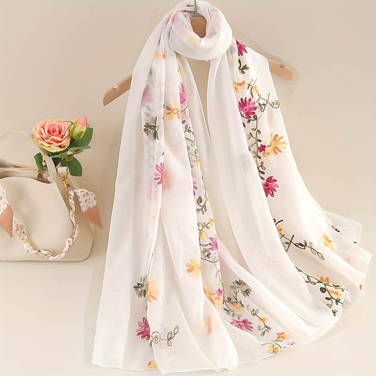 Elegant Flower Embroidery Scarf