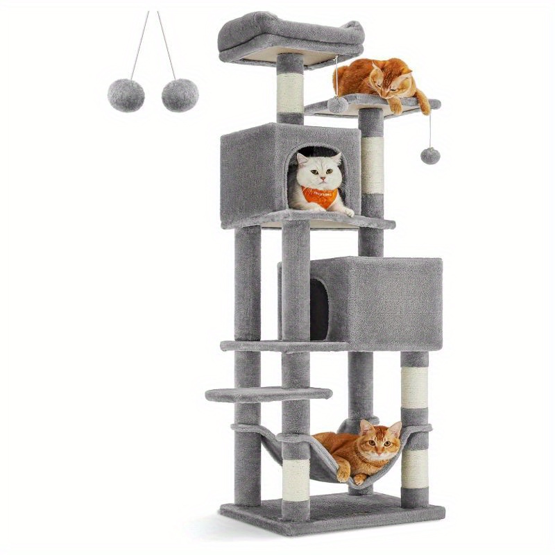 

Cat Tree, 61-inch Cat Tower For Indoor Cats, Plush Multi-level Cat Condo With 5 Scratching Posts, 2 Perches, 2 Caves, Hammock, 2 Pompoms, Light Gray