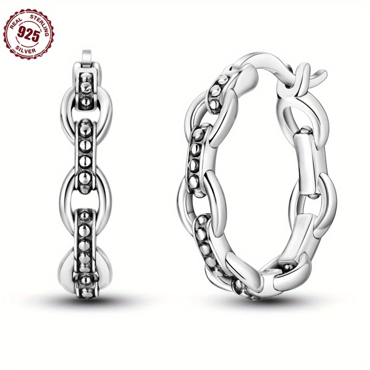 TEMU 1 Pair Classic 925 Sterling Silver Chain Link Hoop Earrings, Geometric , Silver Plated Fashion Jewelry For Women, Daily & Gift