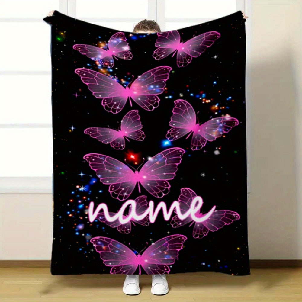 

Personalized Butterfly Flannel Throw Blanket - Custom Name, Soft Comfortable, All-season Knitted Polyester, Digital Print, Contemporary Style, Versatile For Bed, Sofa, Camping, Office Nap