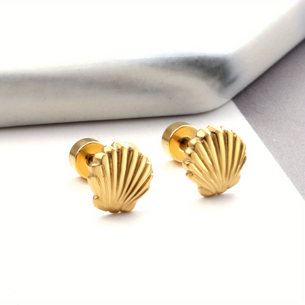 

1 Pair Elegant Seashell Stud Earrings, Steel, Cut Texture Design, Fashionable Gift For All ,