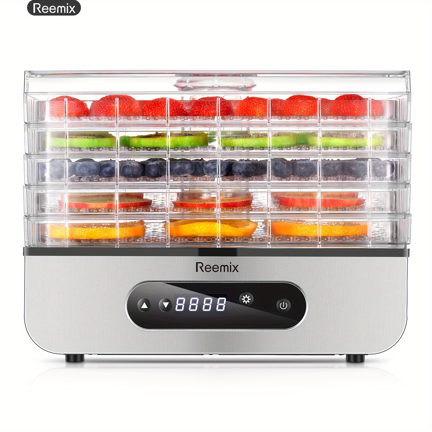 

Reemix Food Dehydrator Machine, Compact For Food And Jerky, Fruits, Veggies, 500w Dehydrated Dryer With Temperature Control, 5 Bpa-free Trays Dishwasher Safe, Silver (fd903b)