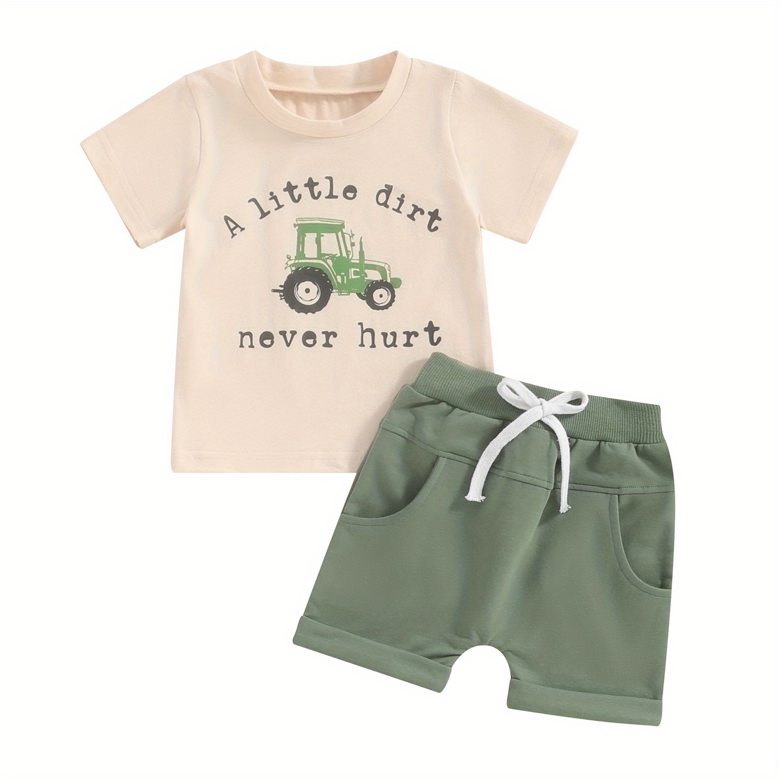 

Toddler Baby Boy Shorts Clothing Set Letter Tractor Print Short Sleeve Round Neck T-shirt With Solid Shorts 2pcs Outfit