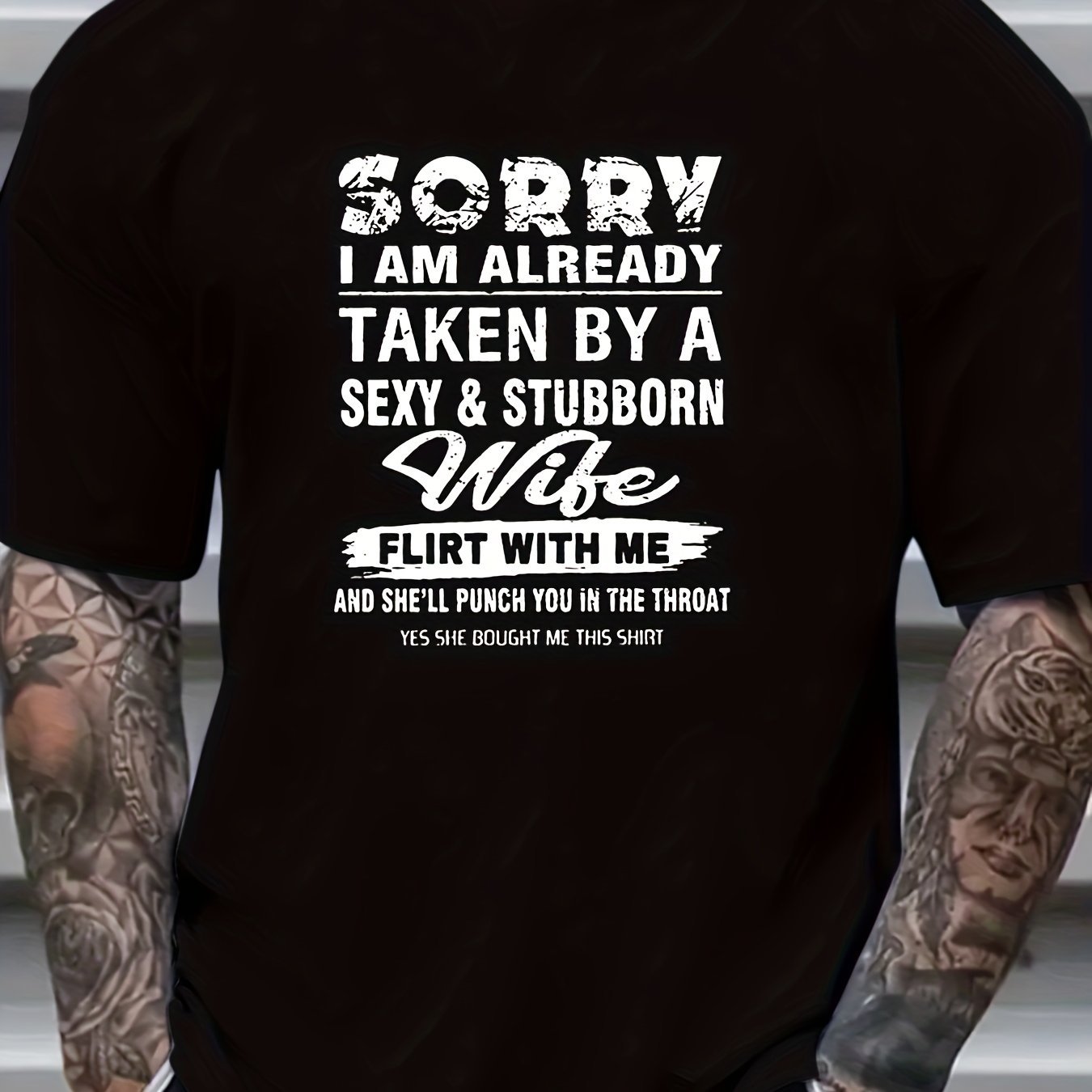 

I Am Already By A Sexy & Stubborn Wife Letter Print Men's Casual Short Sleeve T-shirt, Breathable Summer Tee, Cotton Blend, Crew Neck Top