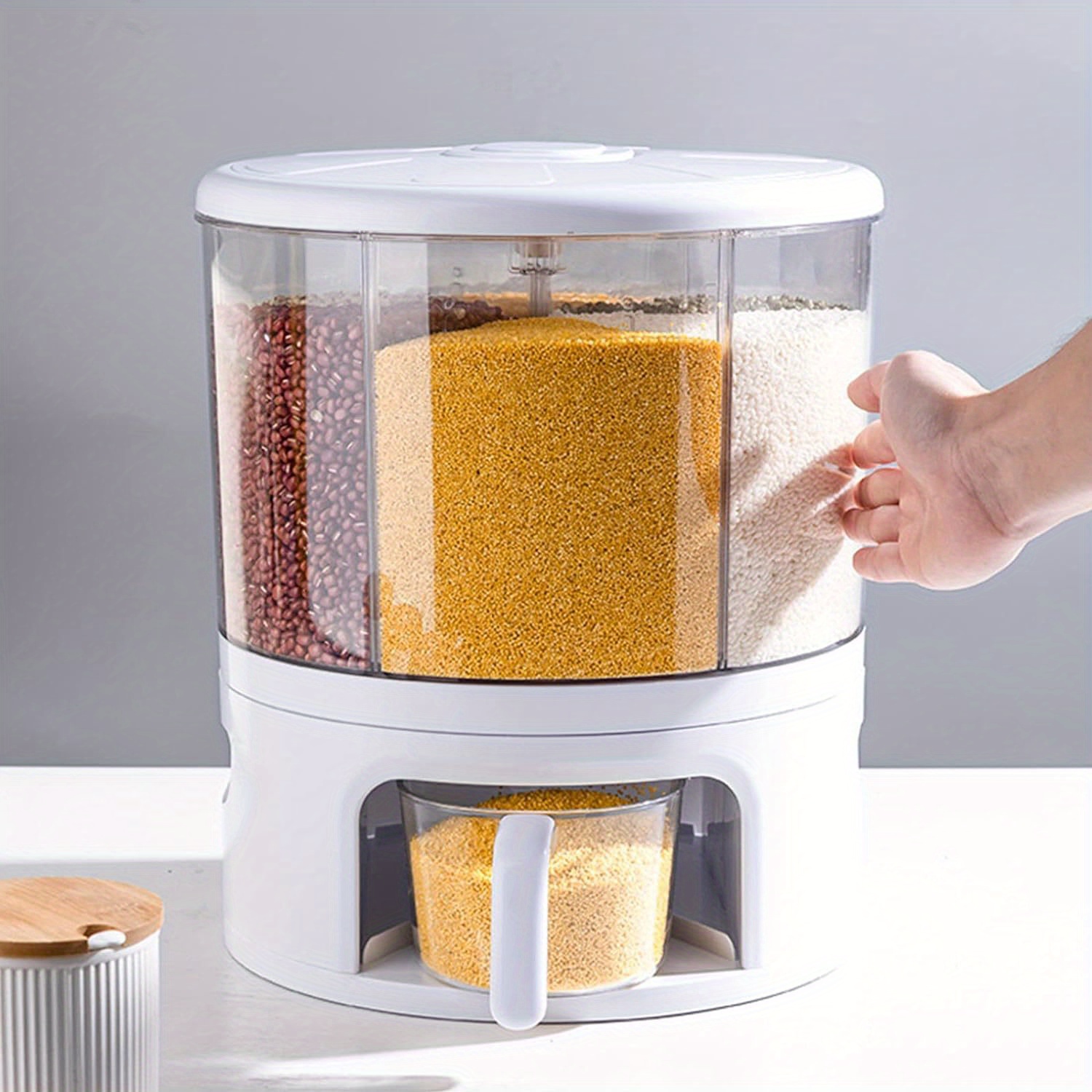 

Grain Dispenser, 360° Rotating 6 Grid Food Dispenser, 24lb Rice And Grain Storage Container, One-click Rice Output, Round Multigrain Tank Cup Grain Storage Tank For Home Kitchen