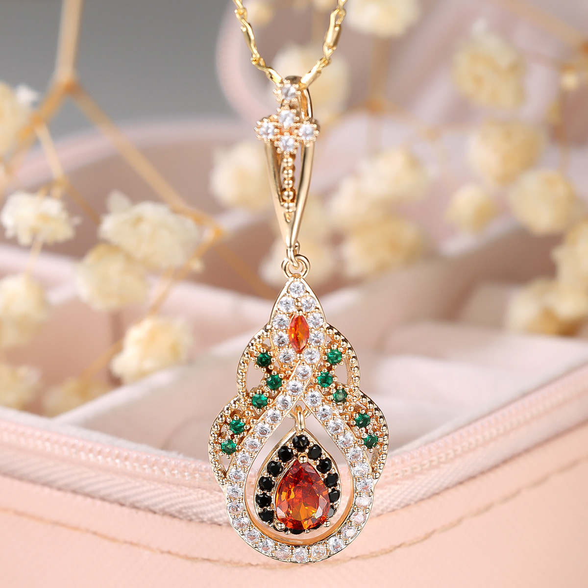 

Elegant Teardrop Red Zirconia Pendant Necklace - Vintage Golden , Weddings & , Winter, New Year