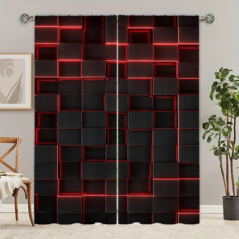 

2pcs Knit Polyester Blackout Curtains With Rod Pocket - Fashion Cool Square Geometric Red Line Design, Uv Protective, Contemporary Style, Machine Washable For Living Room And Bedroom Decor - Unlined