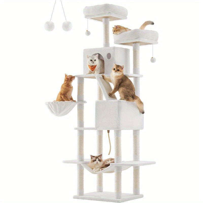 

Cat Tree, 81. 1-inch Large Cat Tower With 13 Scratching Posts, 2 Perches, 2 Caves, Basket, Hammock, Pompoms, Multi-level Plush Cat Condo For Indoor Cats, Cream White