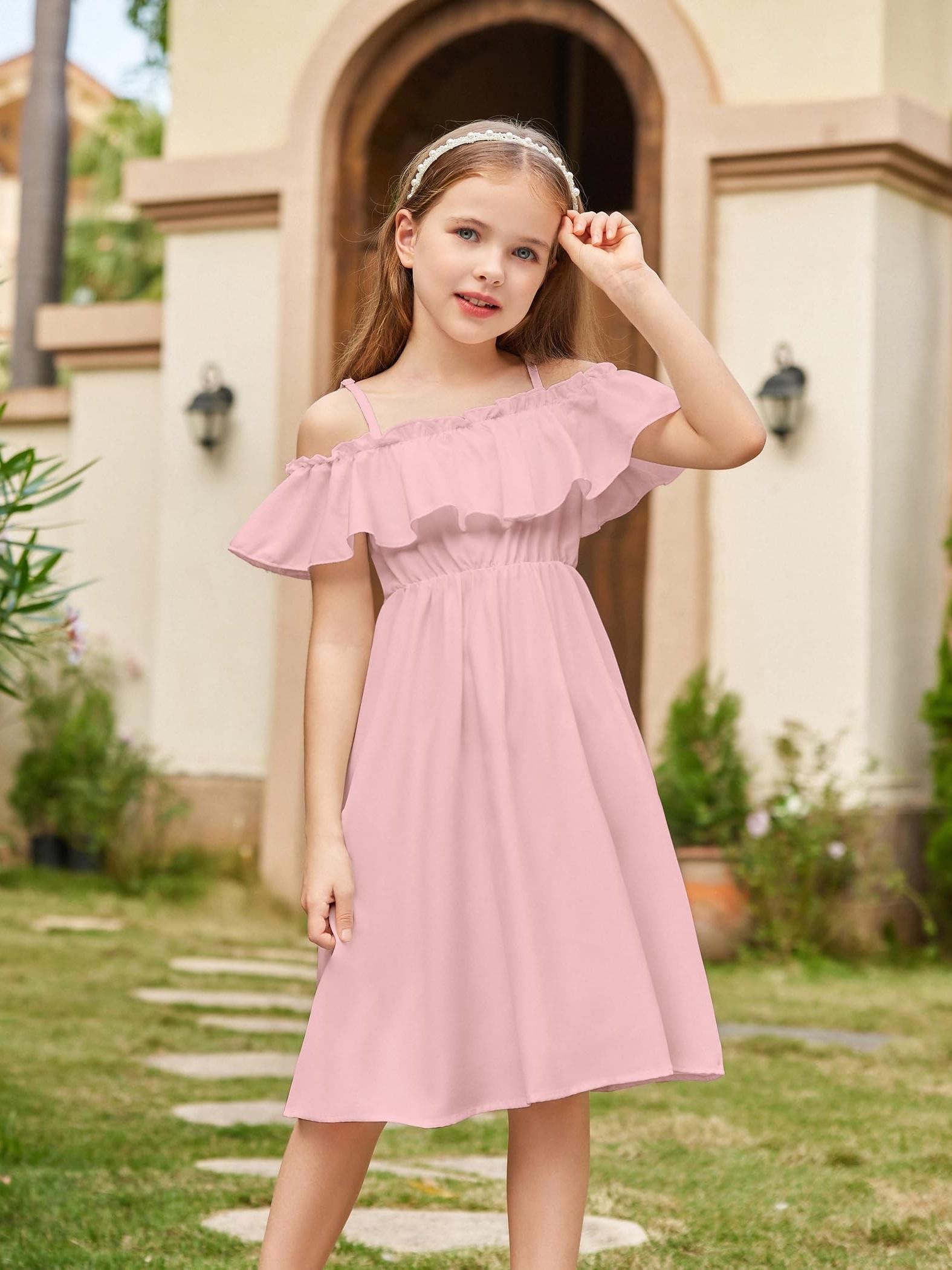 Pink Cold Shoulder Dress Girls Girls Summer Floral Ruffle Sundress
