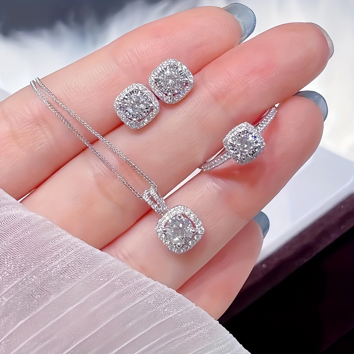 

Cube Zirconia Set Earrings And Pendant Necklace And Ring, Elegant , Women's Gift