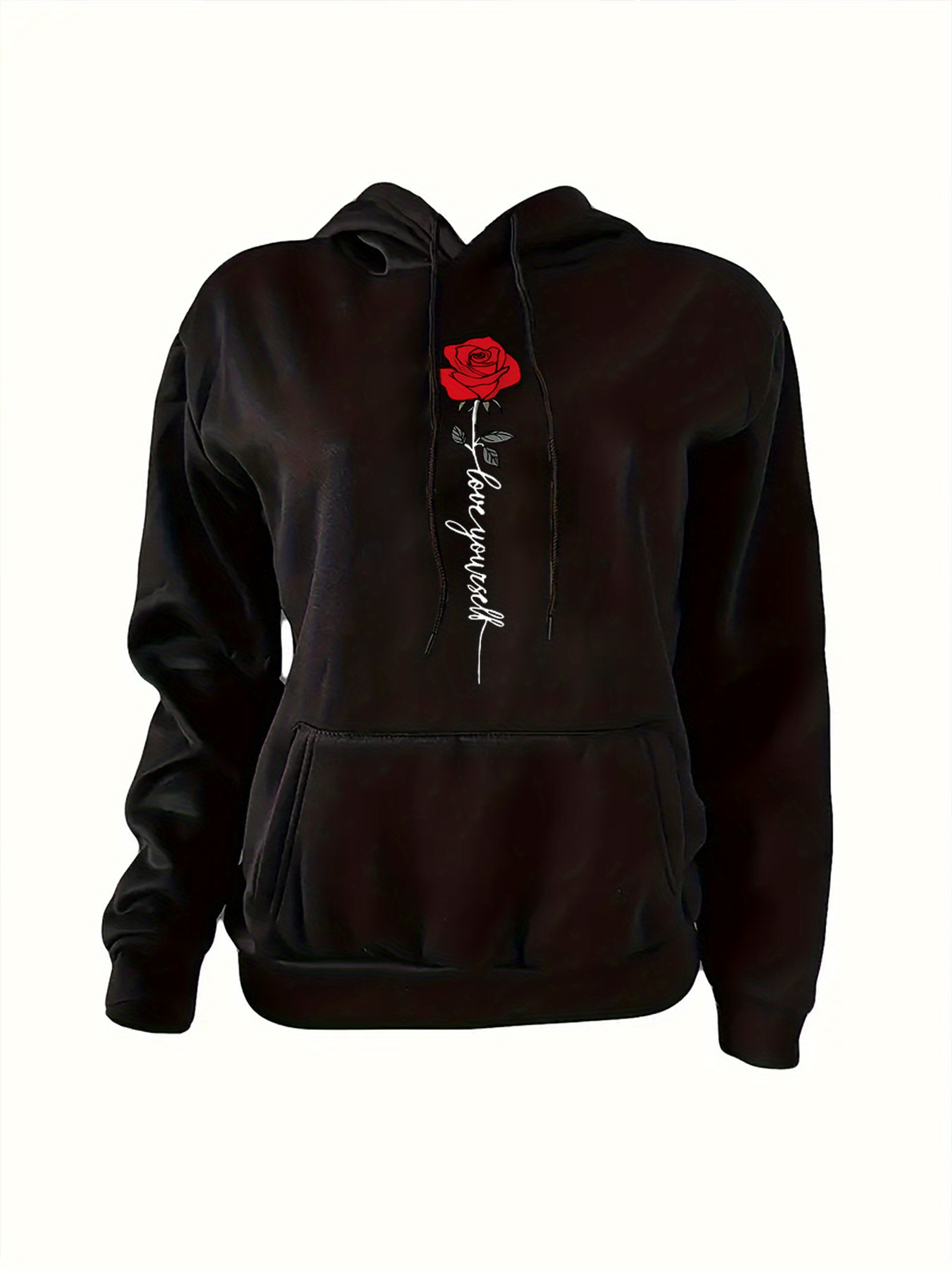 rose print kangaroo pocket hoodie casual long sleeve Temu United - Main Image