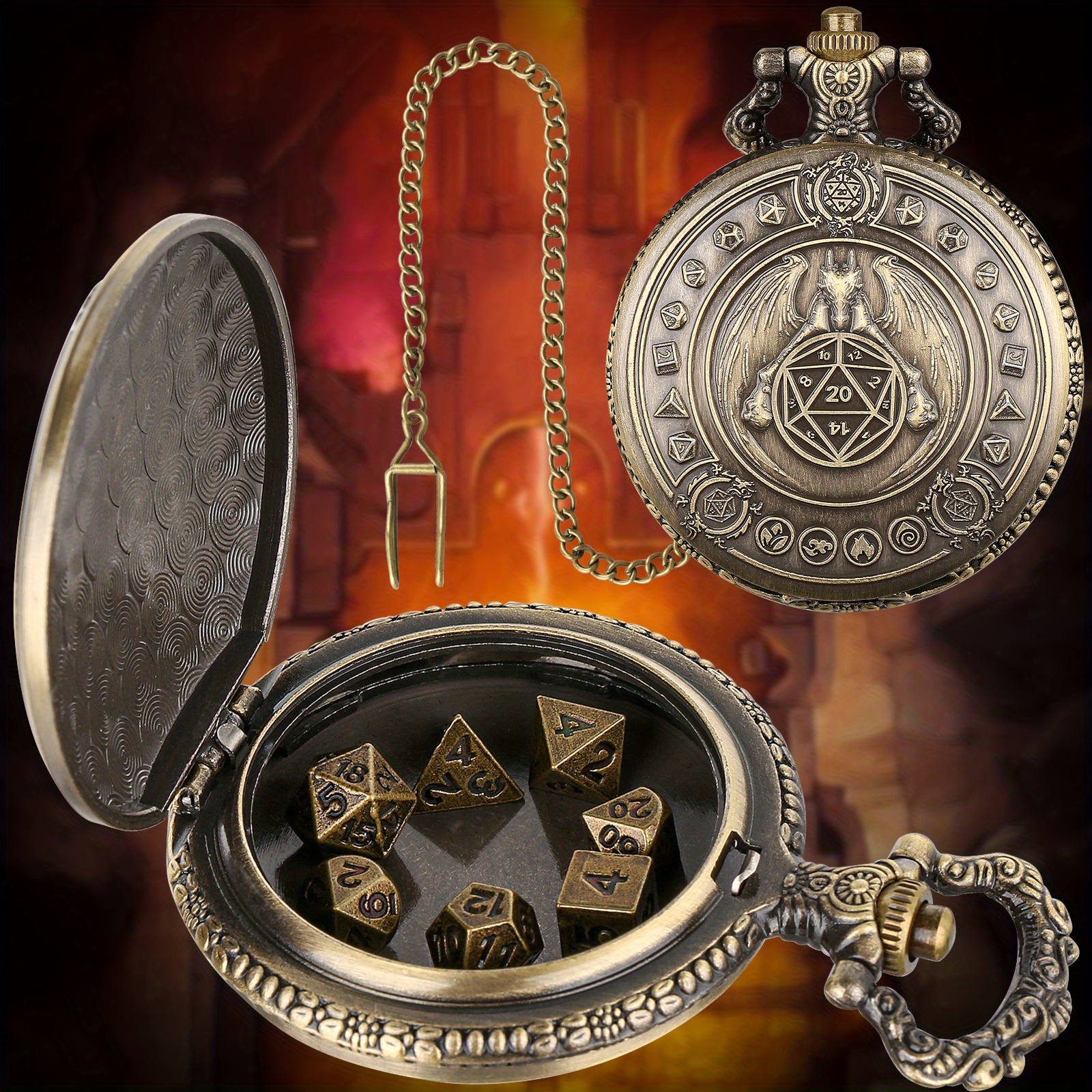 

Customized Product 1pc (private Model) Bronze/deep Silvery Dnd Winged Vintage Pocket Watch Case + Thick + Bronze Dice Mini Dice Set, 7pcs Polyhedral Golden Dice, Tabletop -playing Dice