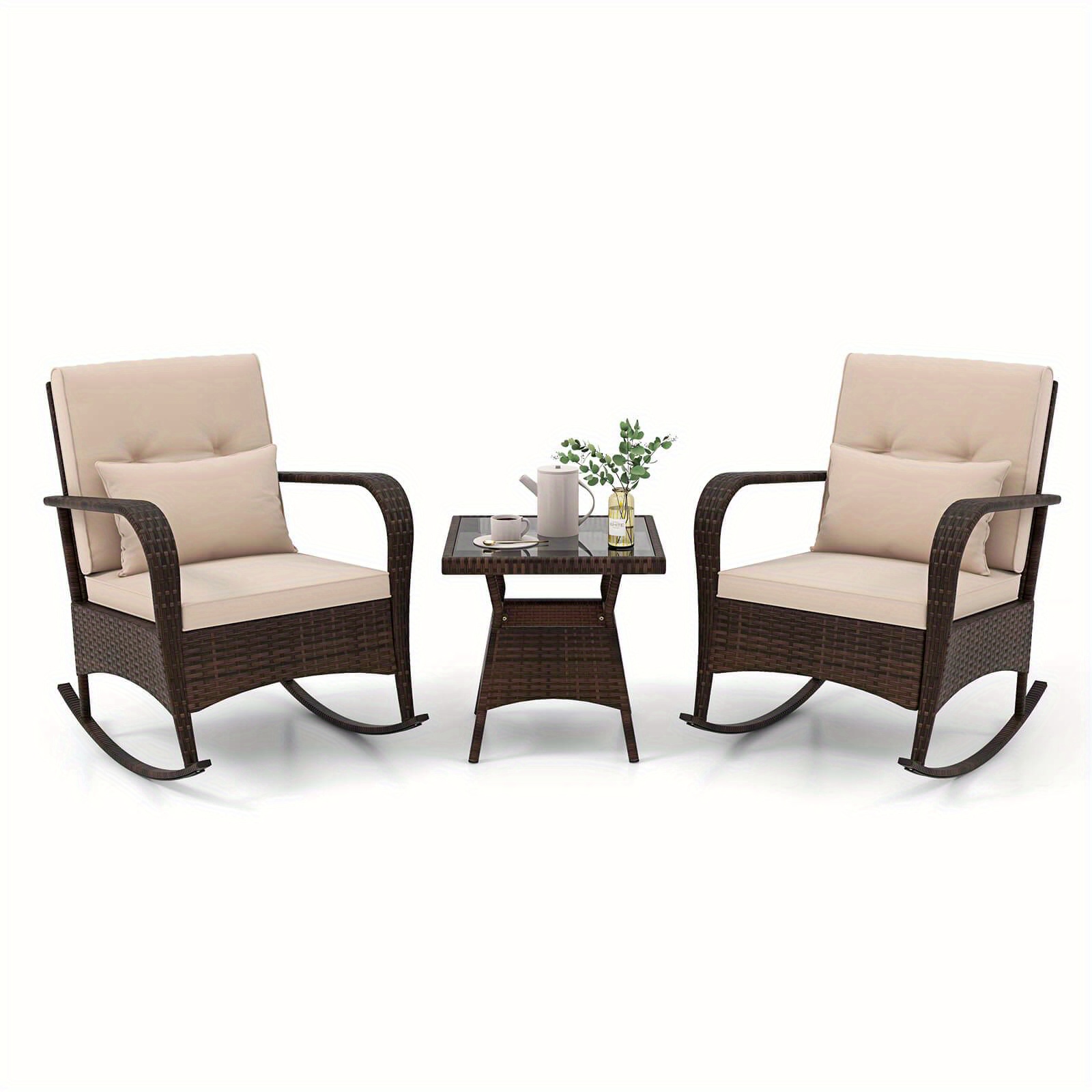 

Safstar 3 Pcs Rocking Bistro Set W/removable Cushions & Tempered Glass Top Coffee Table