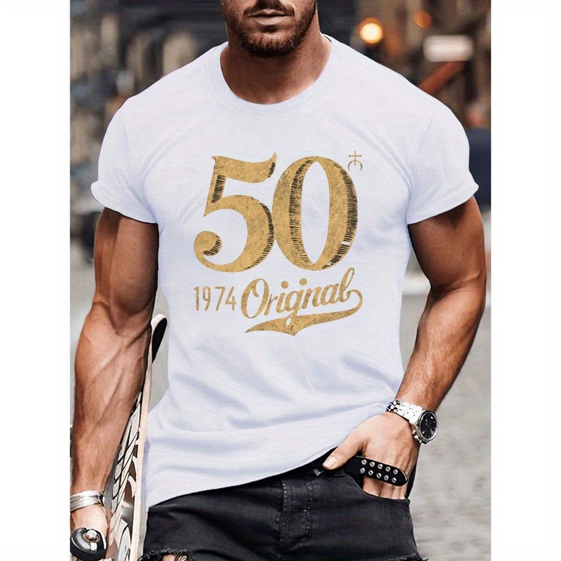 

Vintage Number 50 Print Tee Shirt, Men's Tees, Casual Short Sleeve T-shirt For Summer