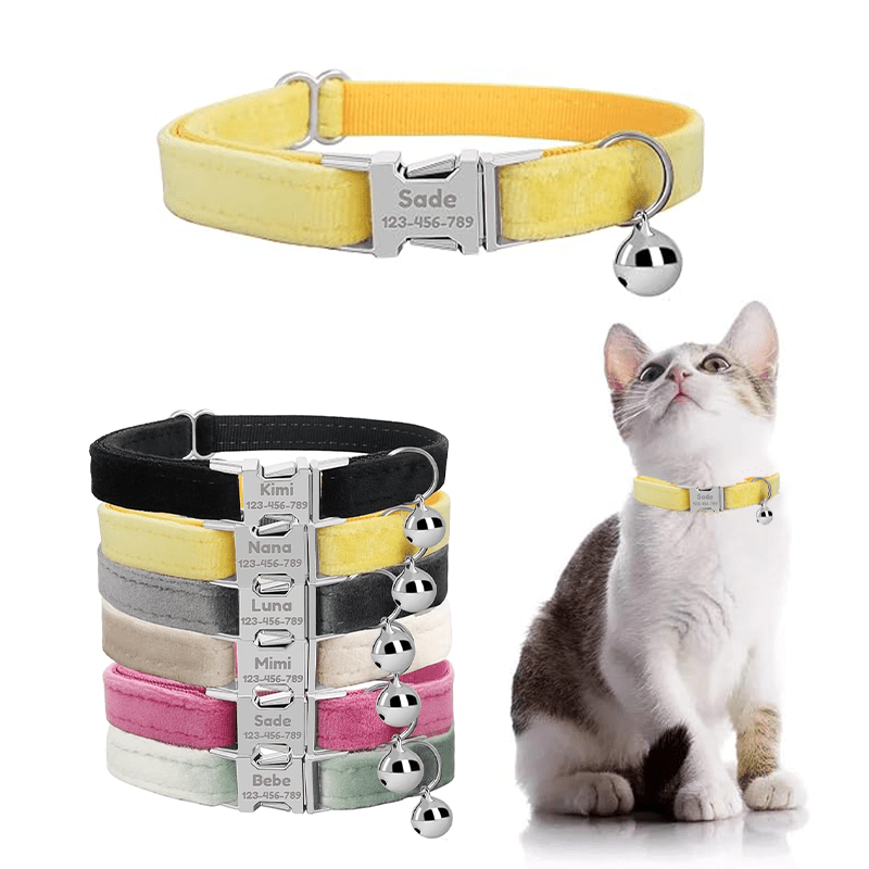 

Ang Personalized Velvet Cat Collar With Bell, Laser Engraved Name Plate, Custom Id Collar For Cats, Adjustable, Durable