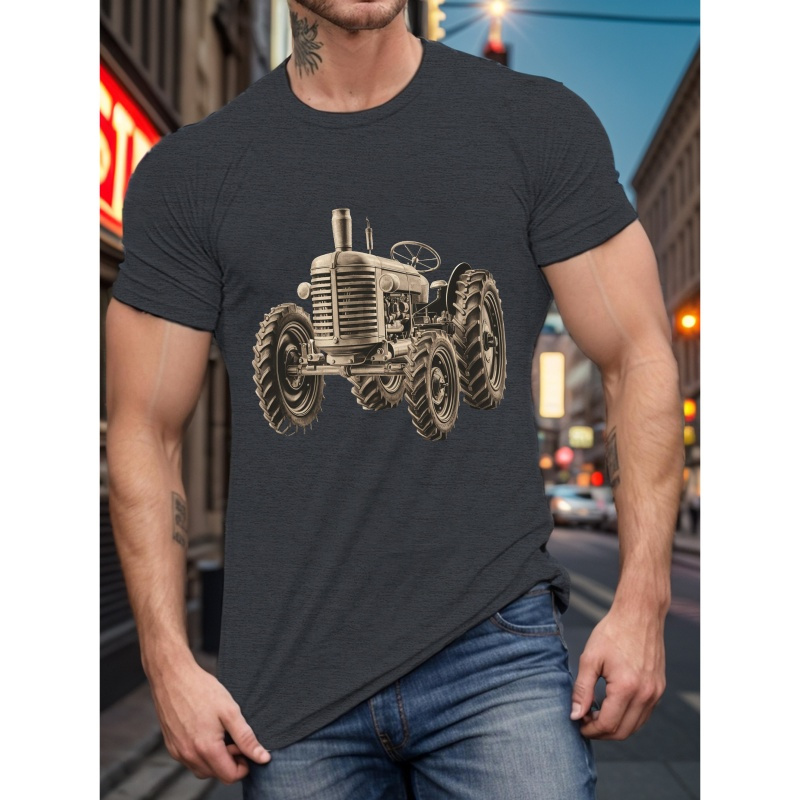 

T-shirt vintage pour homme avec imprimé détaillé de tracteur, t-shirts pour hommes, t-shirt décontracté à manches courtes pour l'été