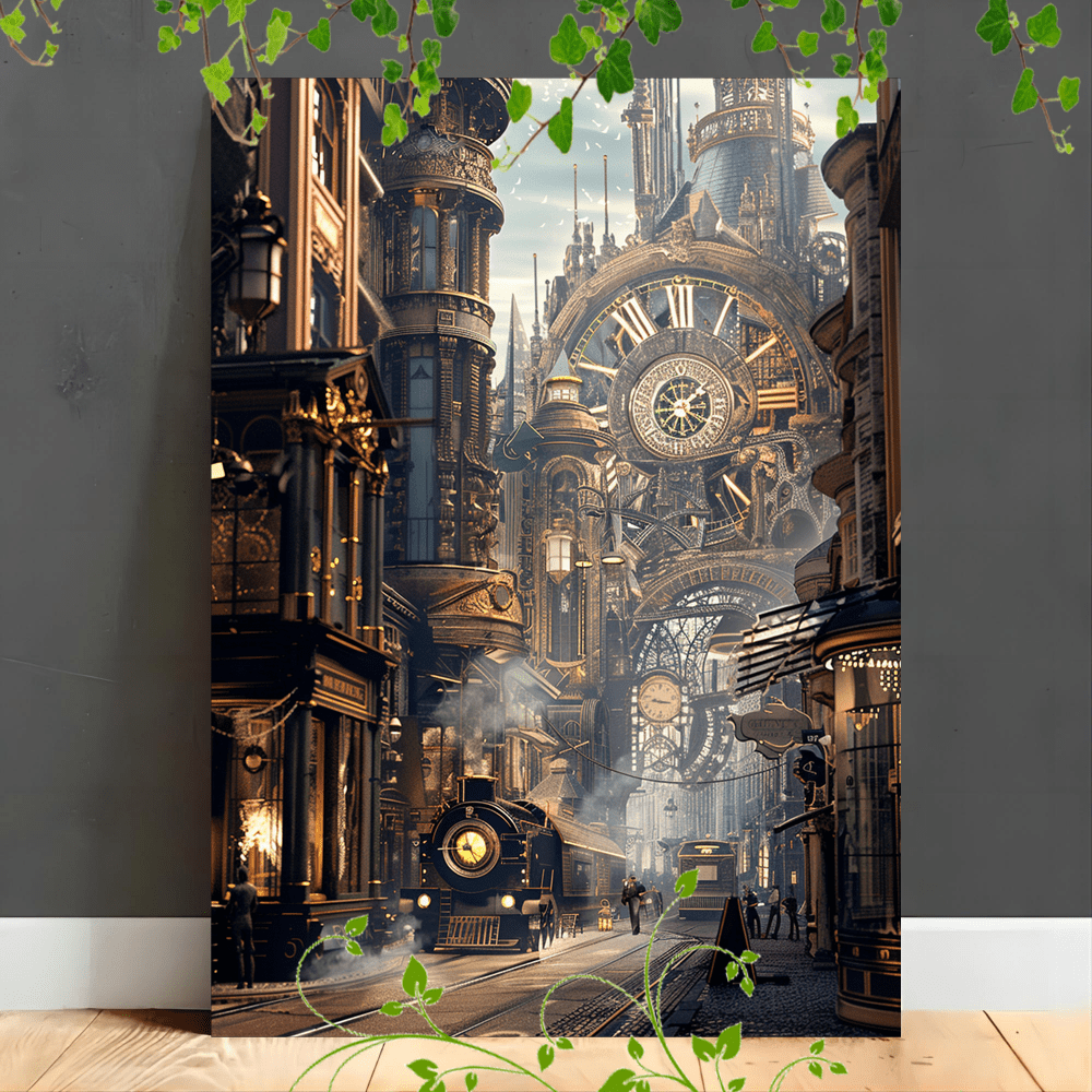 

1pc Wooden Framed Canvas Painting Artwork Very Suitable For Office Corridor Home Living Room Decoration Steampunk City Street With Large Clocks And Vintage Buildings