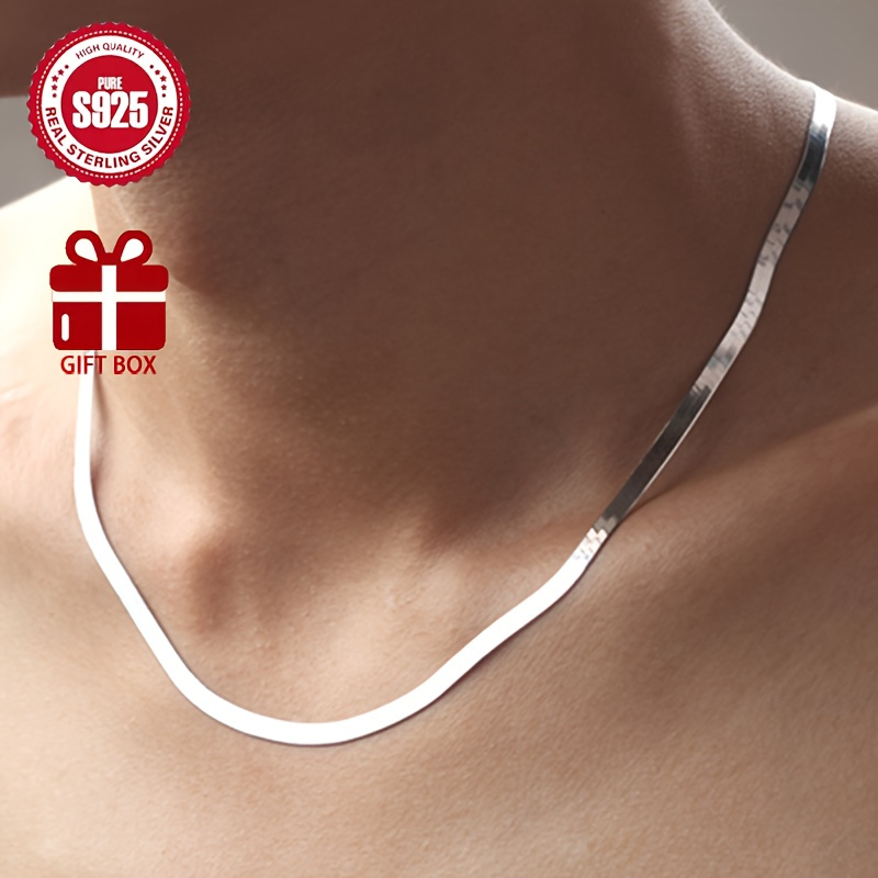 

925 Sterling Silver Hypoallergenic Flat Snake Bone Necklace Brilliant Silver Blade Chain Clavicle Chain For Valentine's Day Gift, With Anti-oxidation Gift Box Snake Bone Chain Necklace: 0.18oz