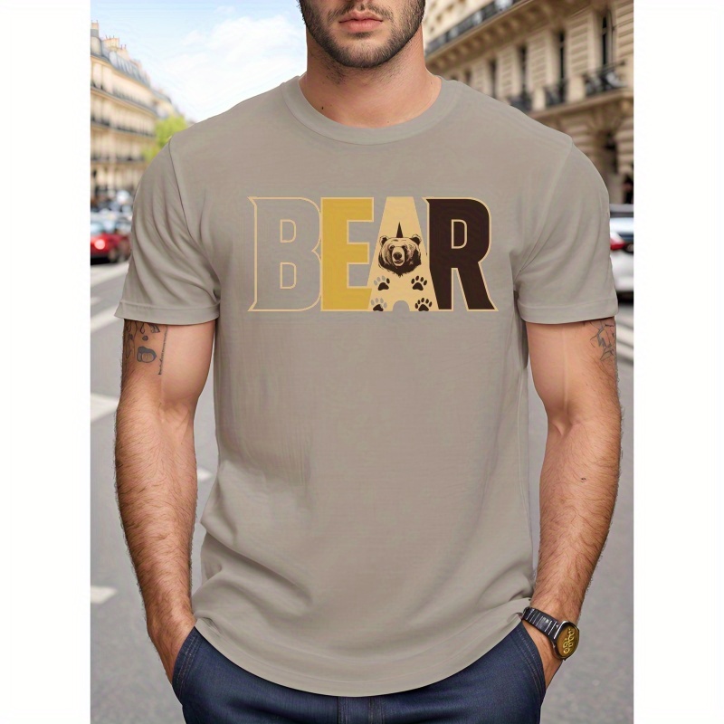 

Plus Size Men's Summer T-shirt, Bear Typography Design Graphic Print Short Sleeve Tees Trend Casual Tops For Daily Life, Big & Tall Guys