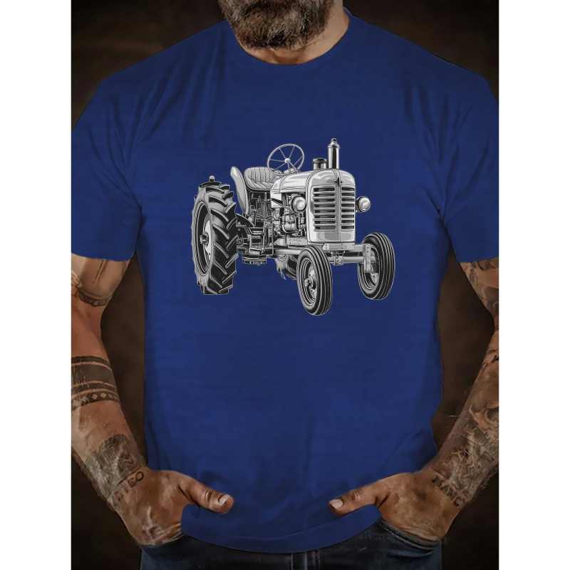 

Men's Vintage Tractor Pattern Illustration Print Tee Shirt, Tees For Men, Casual Short Sleeve T-shirt For Summer