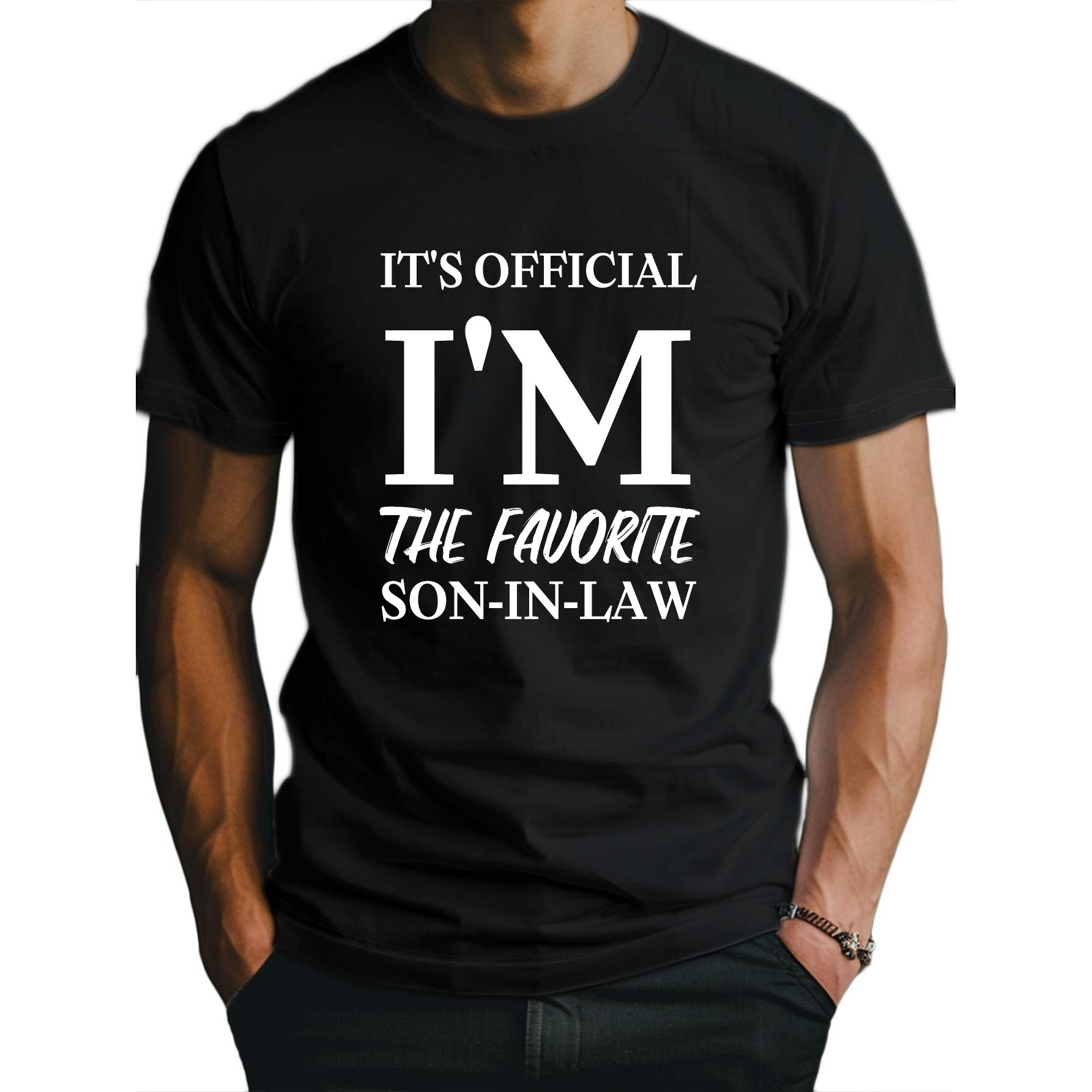 

It's Official I'm The Favorite Son-in-law Print Crew Neck And Short Sleeve T-shirt, Pure Cotton Stylish Summer Tops For Men's Casual And Outdoors Wear