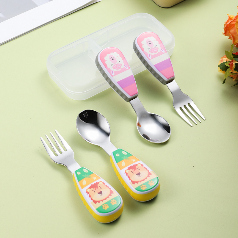 

2pcs & Feeding Set - Bpa-free Stainless Steel Fork And Spoon With Cute Round Handles, Includes Storage Box