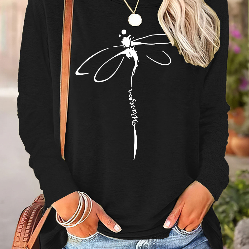 

Dragonfly Print T-shirt, Long Sleeve Crew Neck Casual Top For Spring & Fall, Women's Clothing